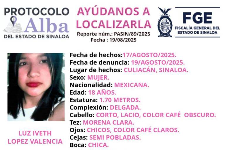 Activan Protocolo Alba por desaparición de Luz Iveth en Culiacán