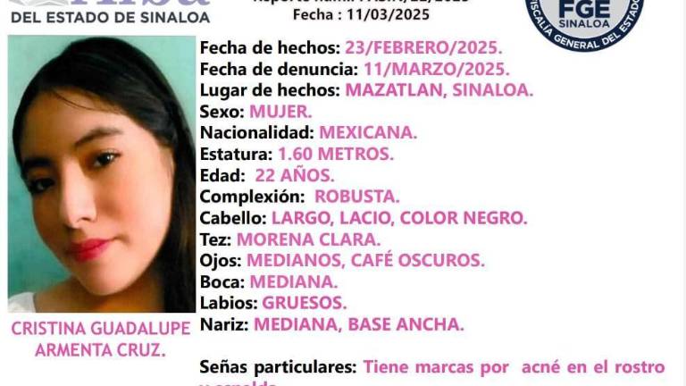 Cristina Guadalupe Armenta Cruz fue vista por última vez el 23 de febrero de 2025 en la Colonia Ramón F. Iturbide, en Mazatlán.