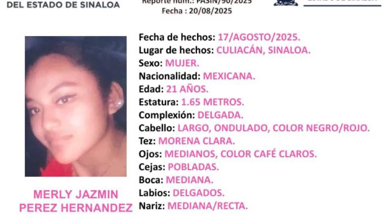 La FGE activó el Protocolo Alba para la localización de Merly Jazmín desaparecida en Culiacán.
