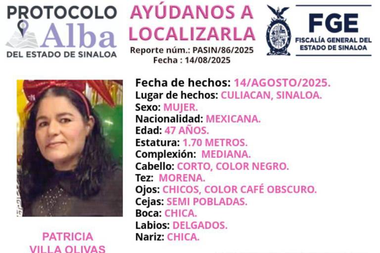 Activan Protocolo Alba en Culiacán por desaparición de Patricia