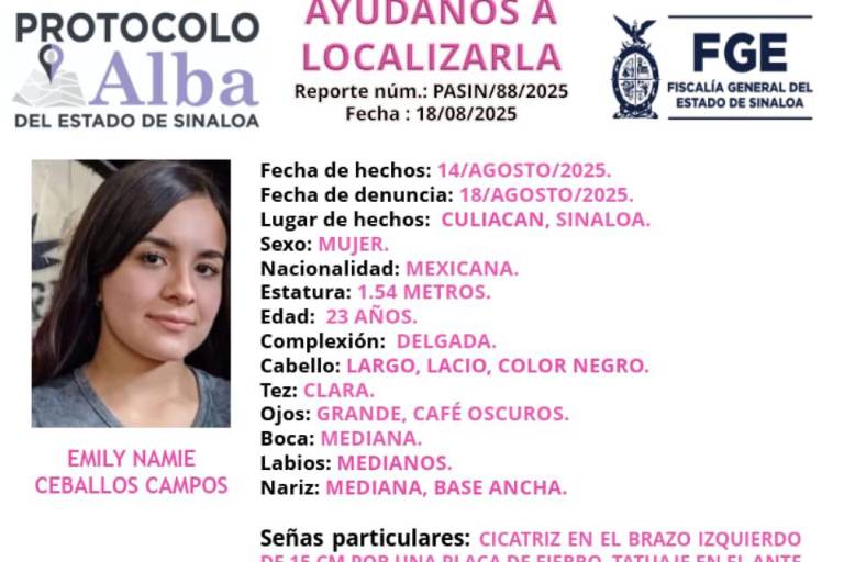 En Culiacán buscan a Emily Namie; desapareció el 14 de agosto