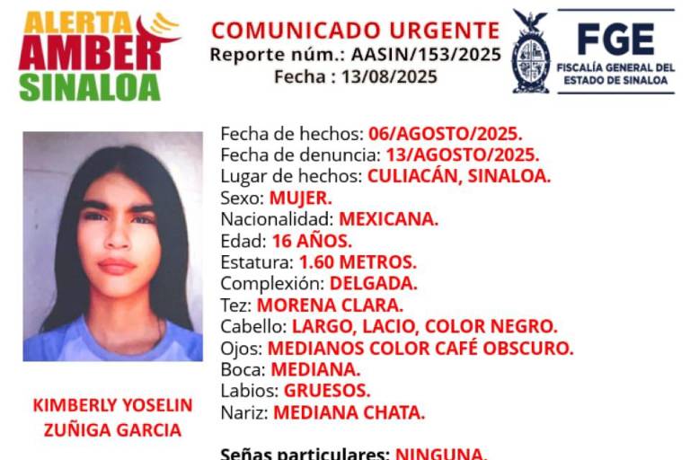 Buscan a Kimberly Yoselin, de 16 años, desaparecida en Culiacán
