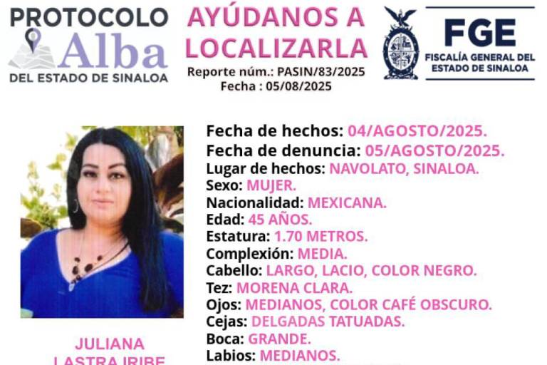 Juliana desapareció en Navolato el pasado lunes
