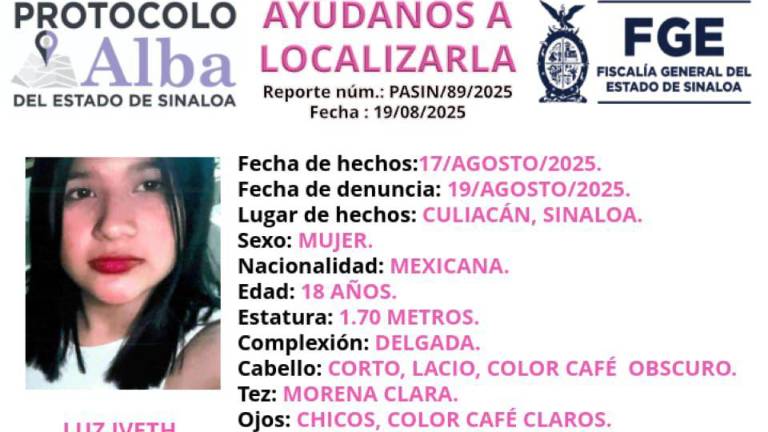 Autoridades estatales activaron el Protocolo Alba para la localización de Luz Iveth, desaparecida en Culiacán.