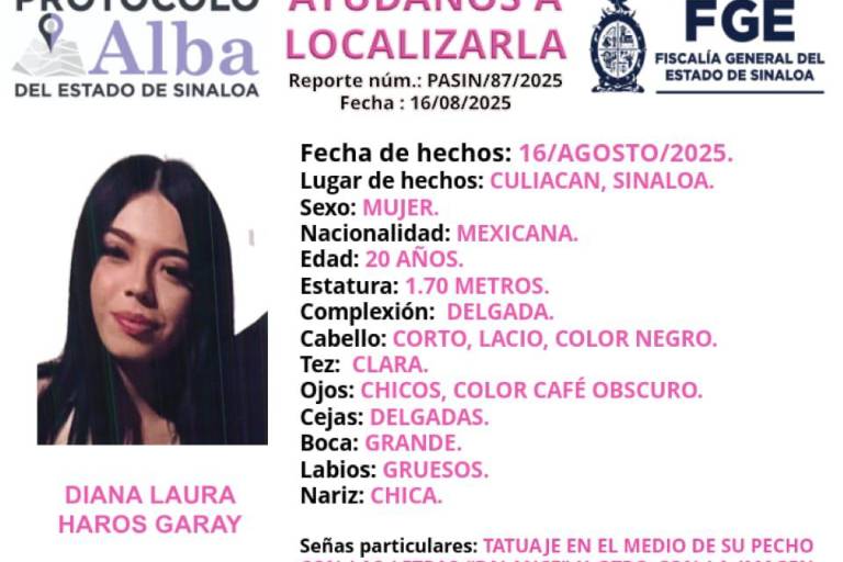 Localizan con vida a Diana Laura, reportada como desaparecida en Culiacán