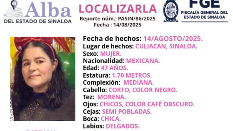 La FGE activó el Protocolo Alba para la localización de Patricia, desaparecida en Culiacán.