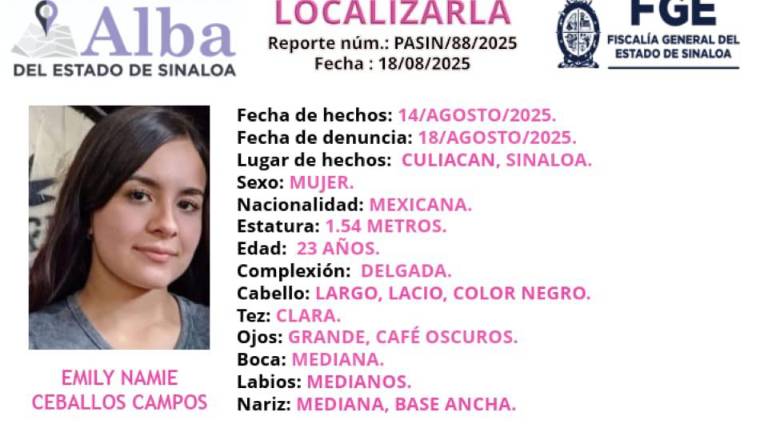 Autoridades estatales emitieron una ficha de búsqueda para la localización de Emily Namie, desaparecida en Culiacán.