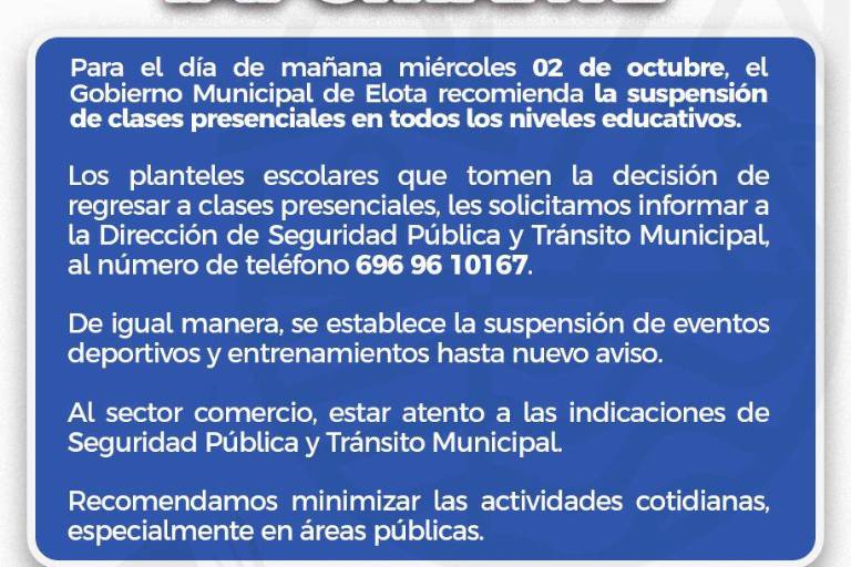 Mantiene Gobierno de Elota suspensión de clases y actividades públicas este miércoles