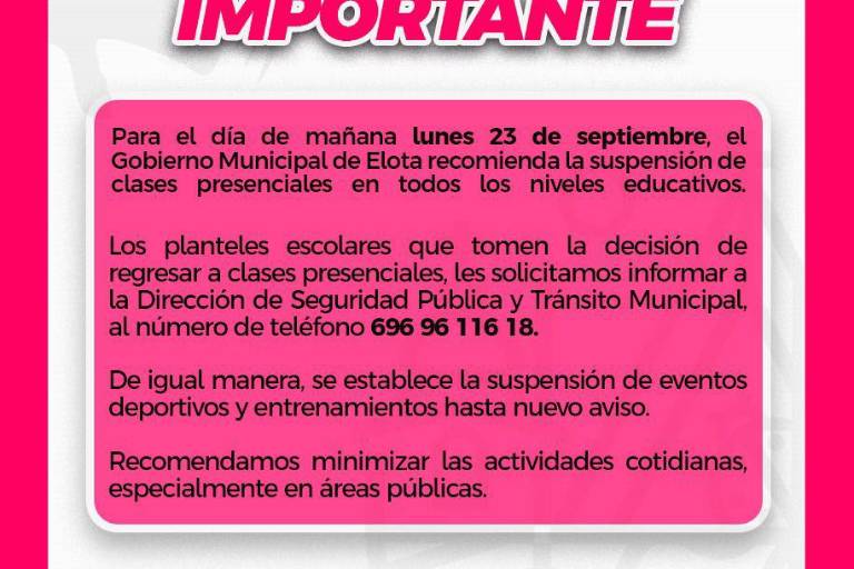 Continúa suspensión de clases presenciales para todos los niveles en Elota