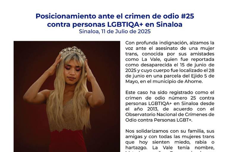 Colectivos exigen justicia para ‘La Vale’, mujer trans localizada sin vida en Ahome