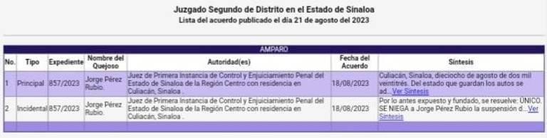 A Jorge Pérez Rubio le fue negada por el Juzgado Segundo de Distrito la suspensión definitiva contra orden de aprehensión.