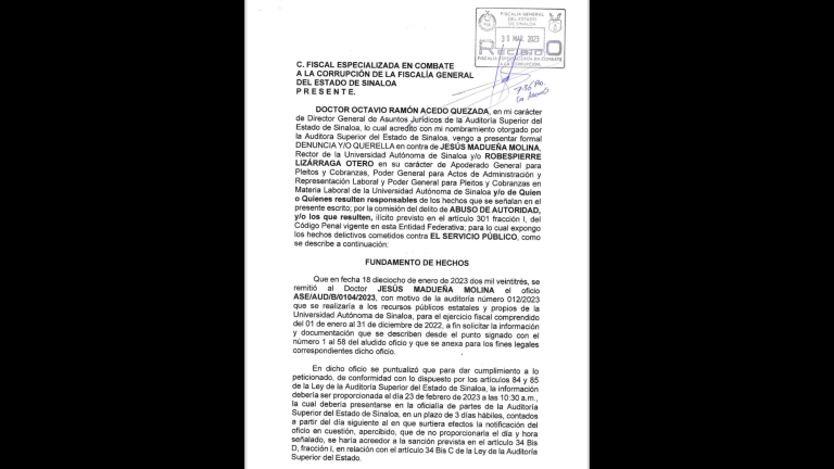 La denuncia fue presentada debido a que la UAS omitió facilitar información financiera a la ASE solicitada desde el mes de enero.