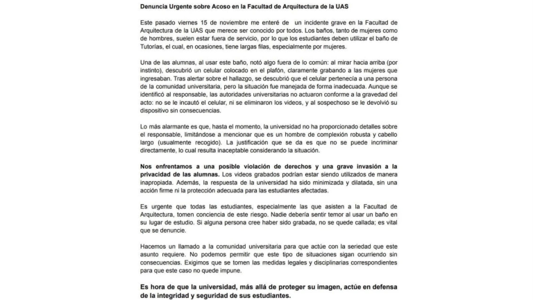 Denuncia anónima compartida por redes sociales.