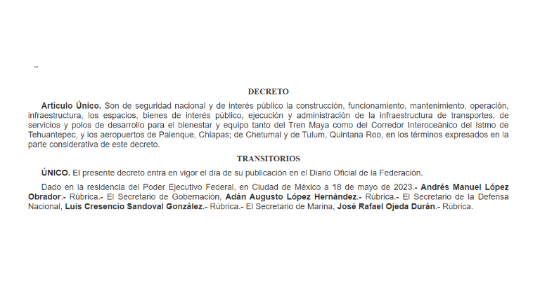 El nuevo decreto repite la clasificación de seguridad nacional e indica que están a cargo de la Sedena y la Semar.