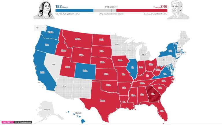 Proyección de los resultados electorales en la elección presidencial de Estados Unidos hasta las 23:00 horas.
