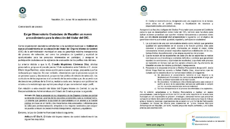 Comunicado del Observatorio Ciudadano a la autoridad municipal de Mzatlán.