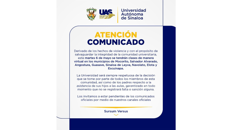 La suspensión aplica para Mocorito, Salvador Alvarado, Angostura, Guasave, Sinaloa de Leyva, Navolato, Elota y Escuinapa.