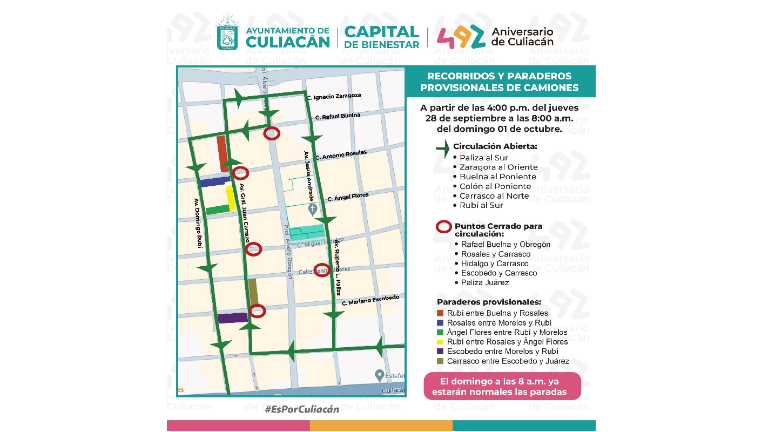 El equipo de prensa del Ayuntamiento anunció que cambiarán provisionalmente las rutas como paraderos del transporte público durante los festejos.