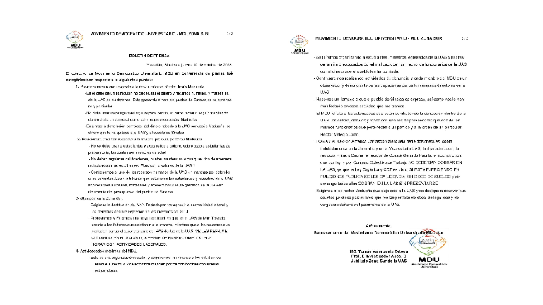 Mediante un comunicado, el Movimiento Democrático Universitario pide que no se utilicen recursos de la UAS para la defensa de Jesús Madueña Molina.