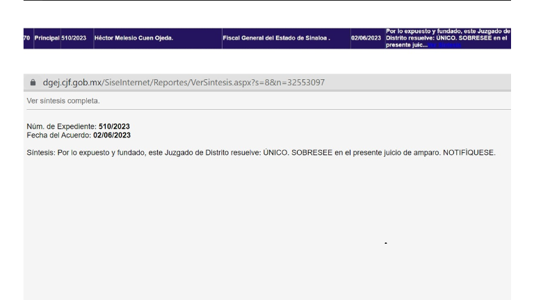 La información pública del portal del Consejo de la Judicatura detalla en la lista de acuerdos el llamado sobreseimiento.