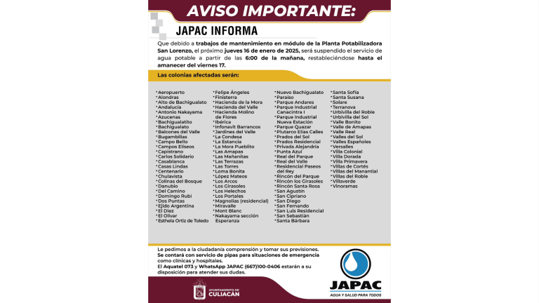 Estos trabajos se realizarán para mantenimiento en uno de los módulos de la planta Potabilizadora San Lorenzo.