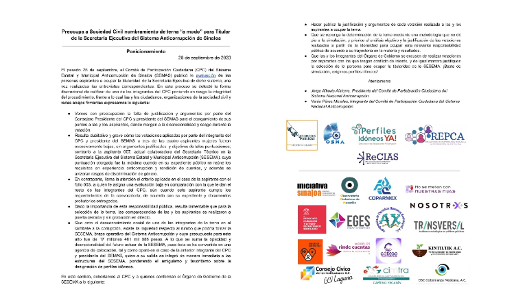 Comunicado de organizaciones civiles de Sinaloa e integrantes del Comité de Participación Ciudadana Nacional.