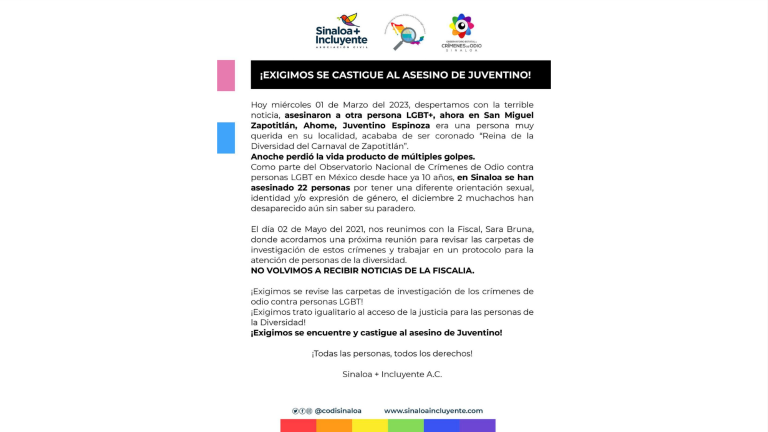 El organismo exige a la Fiscalía que se revisen las carpetas de los crímenes de odio contra personas LGBT.