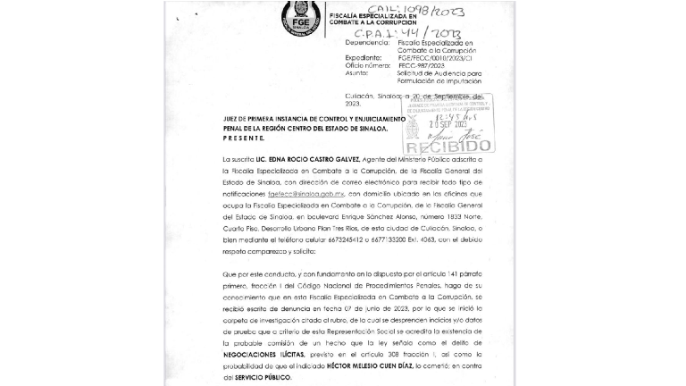 El documento, al que Datemex tuvo acceso, fue enviado por la Fiscalía General del Estado este miércoles y recibido por el Supremo Tribunal de Justicia a las 12:45 horas.