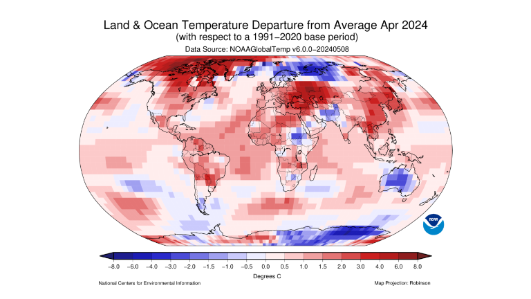 Las temperaturas de abril estuvieron por encima del promedio en la mayor parte de la superficie terrestre mundial.