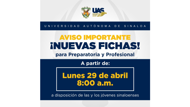 La Comisión Institucional de Admisión de la UAS anunció que se pondrán a disposición 6 mil 900 fichas para bachillerato y 8 mil 800 para las carreras universitarias.