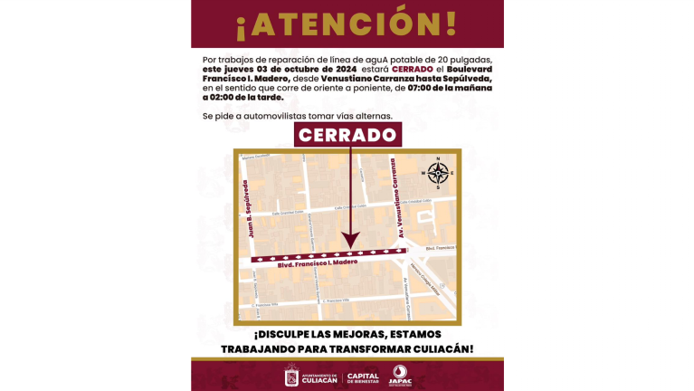 El cierre de la vialidad está previsto que se prolongue desde las 7:00 hasta las 14:00 horas del jueves.