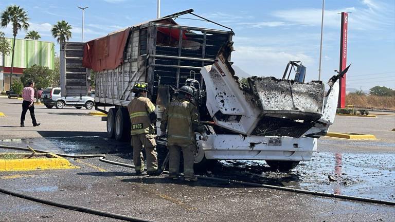 Elementos del cuerpo de Bomberos controlaron el incendio de un camión de carga en una plaza comercial.