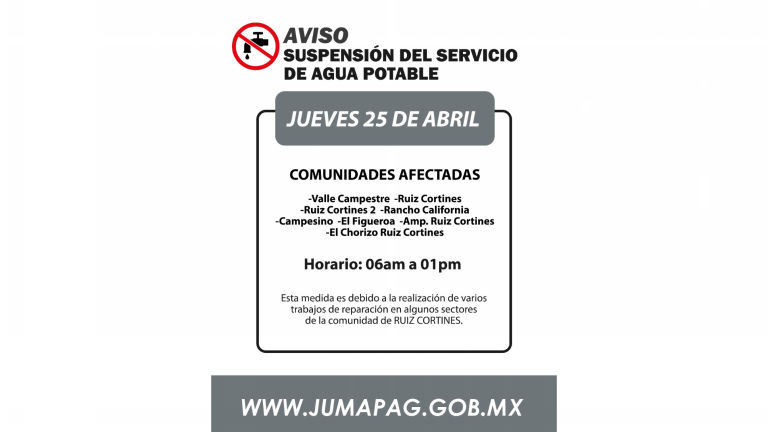 El corte de agua será desde las 06:00 a las 13:00 horas del jueves 25 de abril.