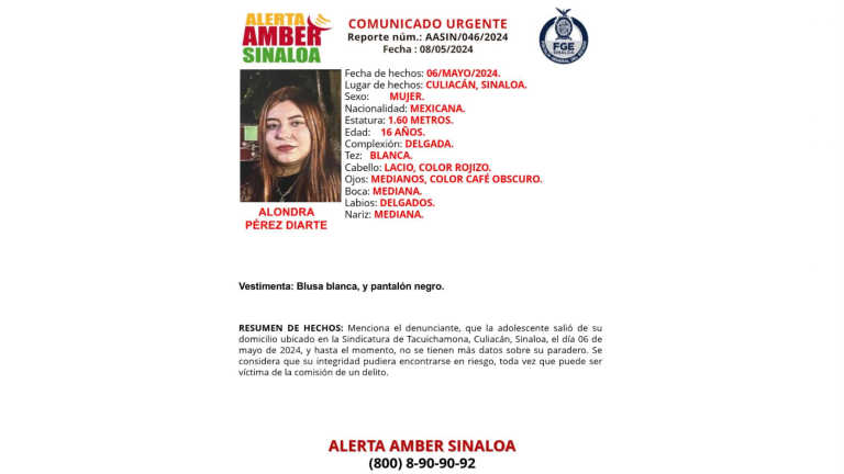 De acuerdo a la ficha de búsqueda, la desaparición de Alondra se dio el día 6 de mayo.