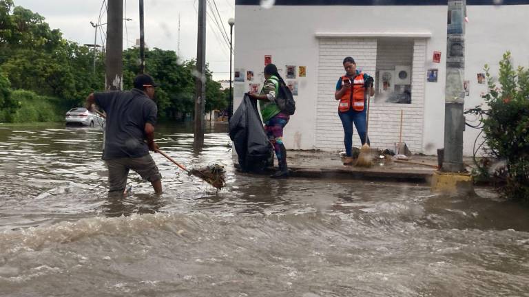 En avenida Cruz Lizárraga hacen limpieza de rehílelas para que el agua pueda fluir.