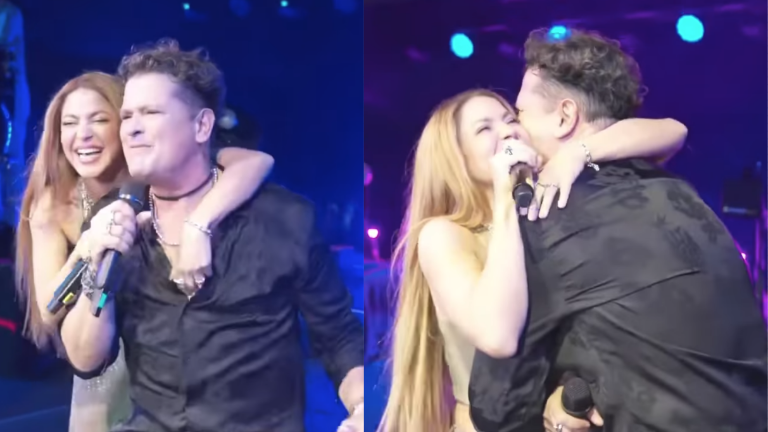 El cantante colombiano fue sorprendido en pleno concierto por su compatriota para interpretar La Bicicleta.