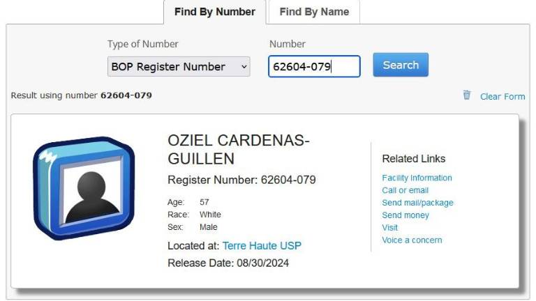 Información de Osiel Cárdenas sobre su estatus en una prisión en Estados Unidos.