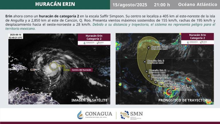 La Conagua señaló que Erin podría alcanzar una categoría 4 el domingo 17 de agosto alrededor de las 18:00 horas.