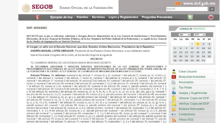 Decreto publicado por el Presidente de México sobre las reformas en materia electoral del llamado “Plan B”.