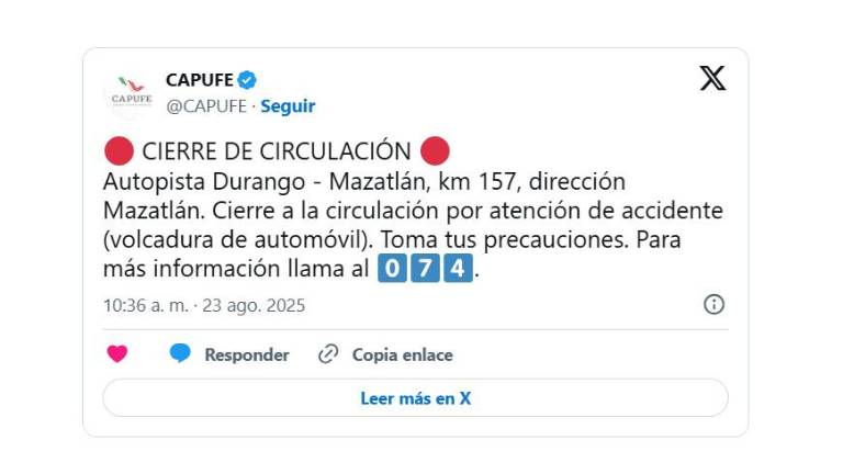 Por accidente reportan cierre de circulación en Autopista Durango-Mazatlán