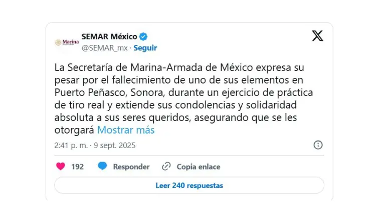 La Secretaría de Marina publicó las condolencias por el fallecimiento del elemento.