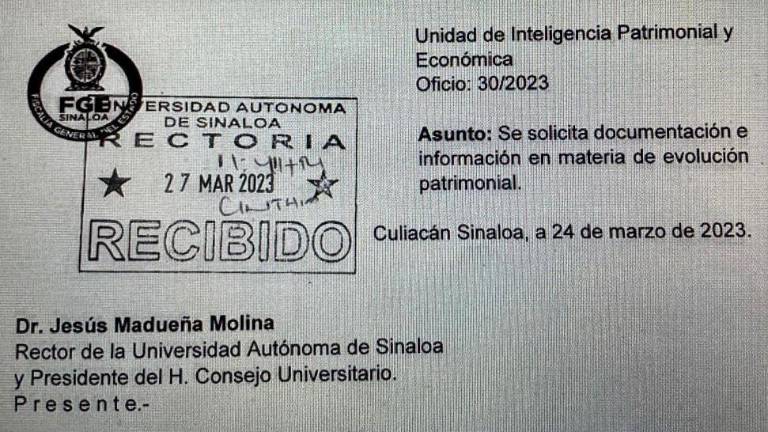 Datemex y Revista Espejo tienen acceso al documento sellado y fechado de recibido el pasado 27 de marzo que la UIPE envió al Rector Jesús Madueña Molina.