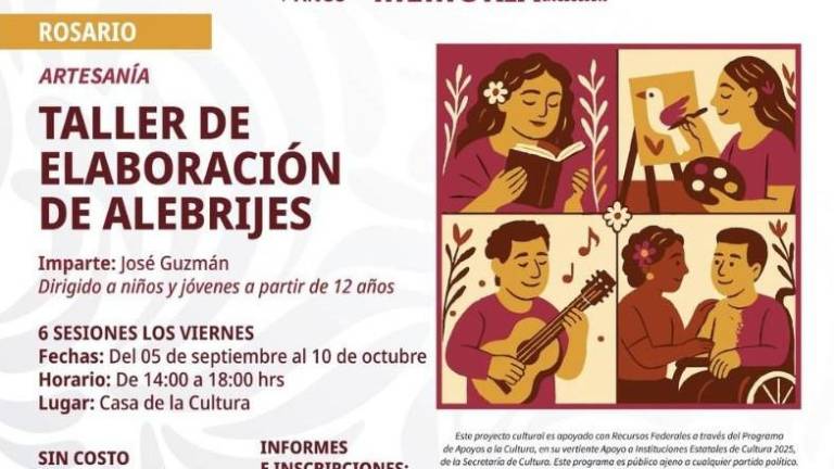 Rosario abre taller gratuito de alebrijes para jóvenes mayores de 12 años.