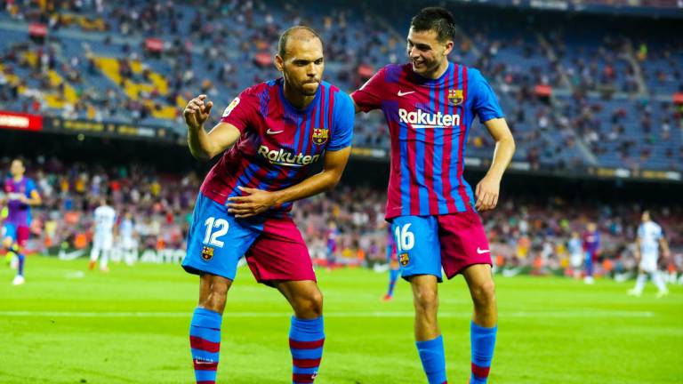 Martin Braithwaite festeja con baile uno de sus dos goles.
