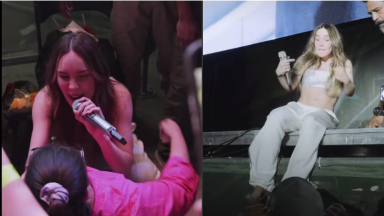 Belinda salta del escenario para cantar con una fan.