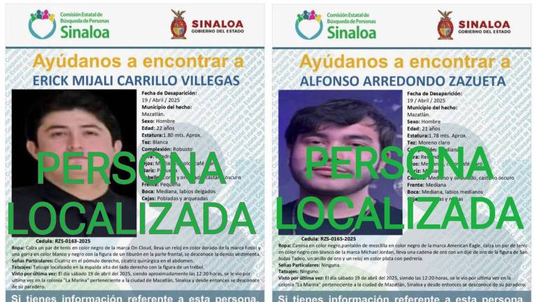 Erick Mijali Carrillo y Alfonso Arredondo, desaparecidos desde el 19 de abril en Mazatlán, fueron reportados encontrados con vida este miércoles.