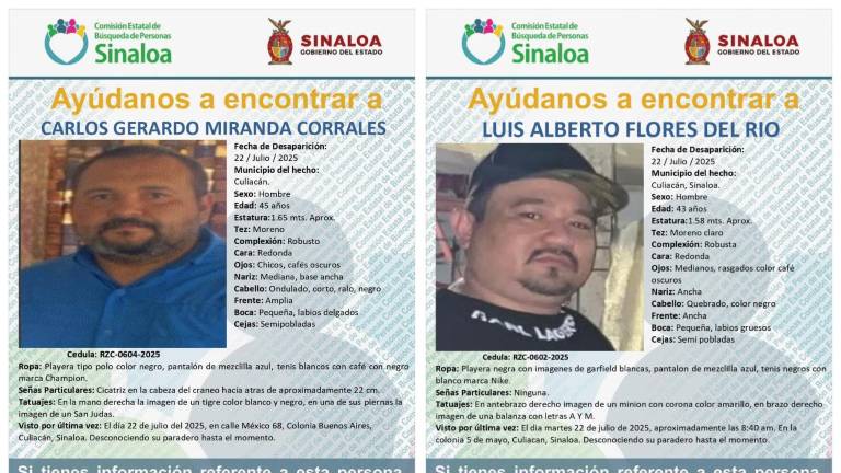 Carlos Gerardo y Luis Alberto contaban con fichas de búsqueda por su desaparición desde el 22 de agosto en Culiacán.