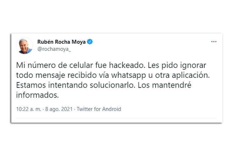 Hackean celular de Rubén Rocha Moya, Gobernador electo de Sinaloa