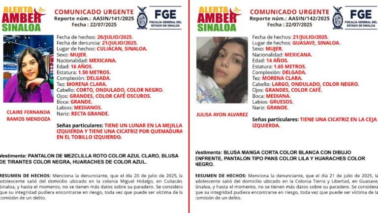 La FGE activó la Alerta Amber para la localización de dos menores desaparecidas en Culiacán y Guasave.
