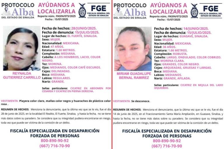 Reynalda y Miriam Guadalupe desaparecieron en El Fuerte y Guasave; activan Protocolo Alba
